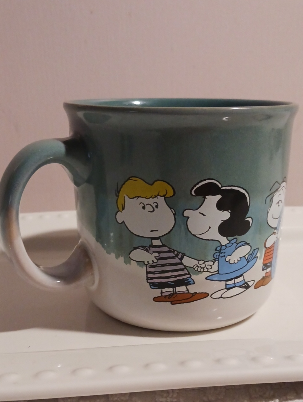 Peanuts Handpainted Mug with Teal and White Gradient and Classic Character Art